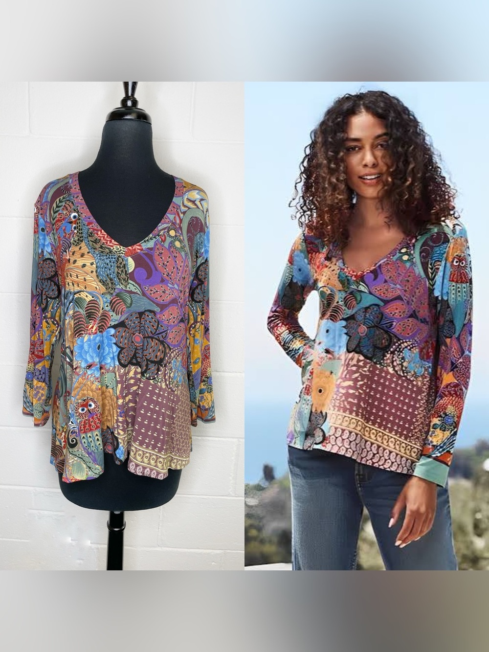 Johhny Was Madison Favorite V Neck Swing Tee Purple Floral Print Top